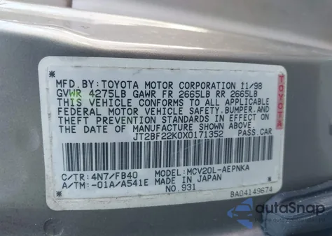 1999 Toyota Camry Le V6 from USA, damaged, VIN JT2BF22K0X0171352